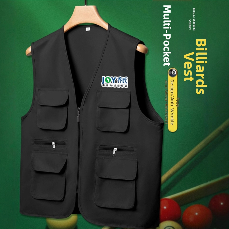 Fotografická vesta s logom, pracovná vesta s množstvom vreciek, zips, polyester, voľný strih