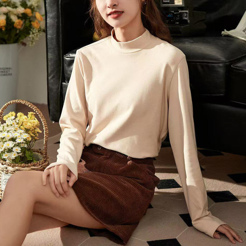 Дамска полиестерова флисова дълъг ръкав Т‑шърт с полувисока яка, базов слой, тясно прилепваща