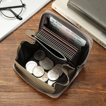 Portcard în stil acordeon din piele naturală top-grain, model solid, unisex, bi-fold, căptușeală din piele sintetică, anti-furt