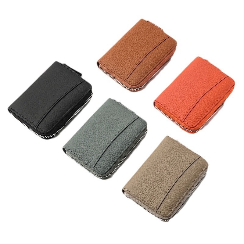 Portcard în stil acordeon din piele naturală top-grain, model solid, unisex, bi-fold, căptușeală din piele sintetică, anti-furt