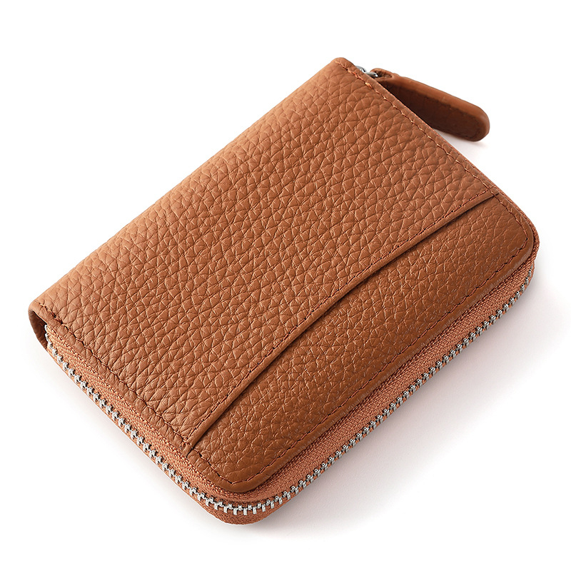 Portcard în stil acordeon din piele naturală top-grain, model solid, unisex, bi-fold, căptușeală din piele sintetică, anti-furt