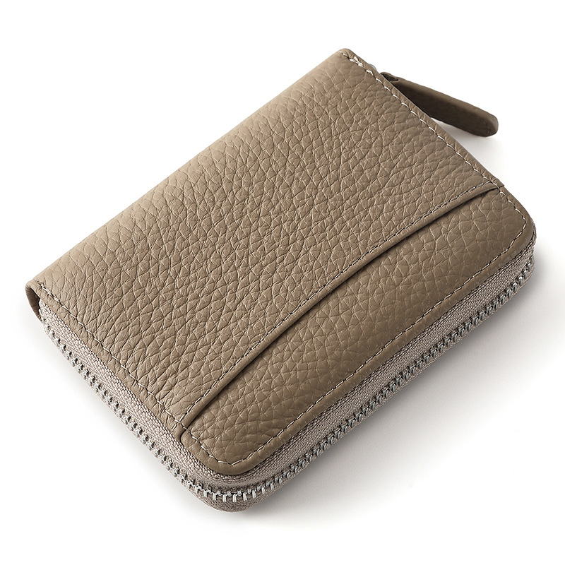 Portcard în stil acordeon din piele naturală top-grain, model solid, unisex, bi-fold, căptușeală din piele sintetică, anti-furt