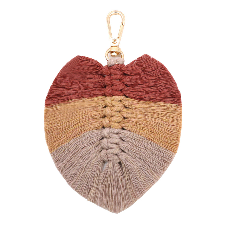 Κλειδοθήκη με χειροποίητο πλεκτό φύλλο, μποέμ φούντα με φτερά, 91–100% βαμβάκι, ριγέ μοτίβο, τετράγωνο σχήμα