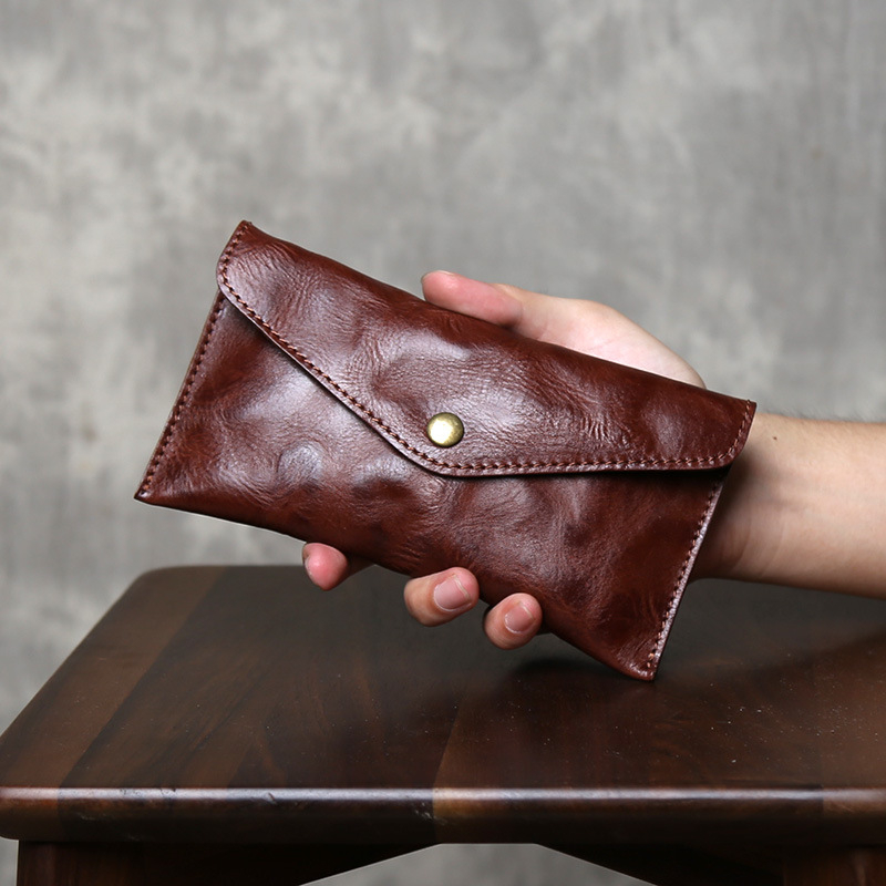 Dugi novčanik od prave kože, gornji sloj kože, 2 preklopa, ulični stil, unisex clutch