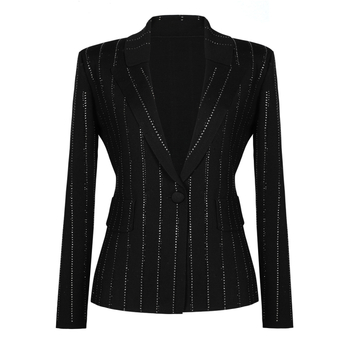 Dámsky štíhly pletený kabát z viskózy (70–80%), dlhé rukávy, golier v štýle saka, zapínanie na jedno tlačidlo