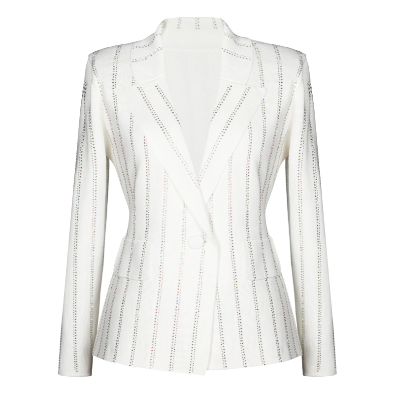 Dámsky štíhly pletený kabát z viskózy (70–80%), dlhé rukávy, golier v štýle saka, zapínanie na jedno tlačidlo