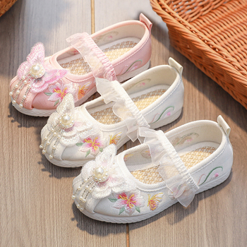 Pantofi pentru fete în stil chinezesc tradițional, pantofi din pânză brodate, partea superioară din bumbac, branț din in, talpă din cauciuc, închidere cu bandă elastică, primăvară-toamnă