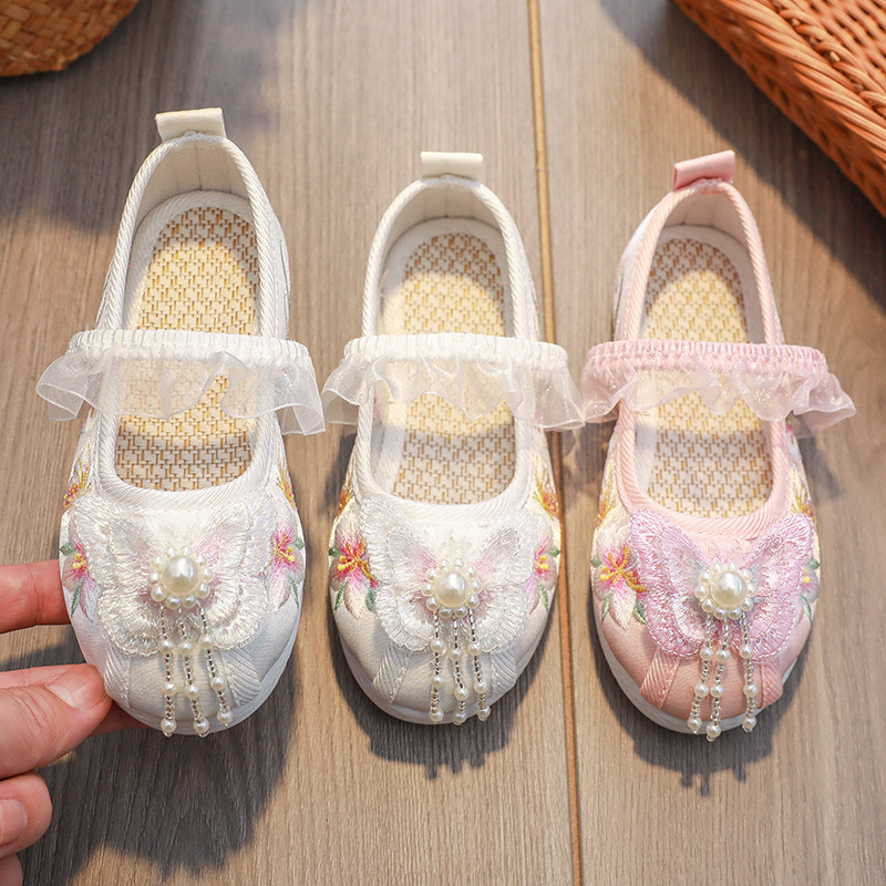 Pantofi pentru fete în stil chinezesc tradițional, pantofi din pânză brodate, partea superioară din bumbac, branț din in, talpă din cauciuc, închidere cu bandă elastică, primăvară-toamnă