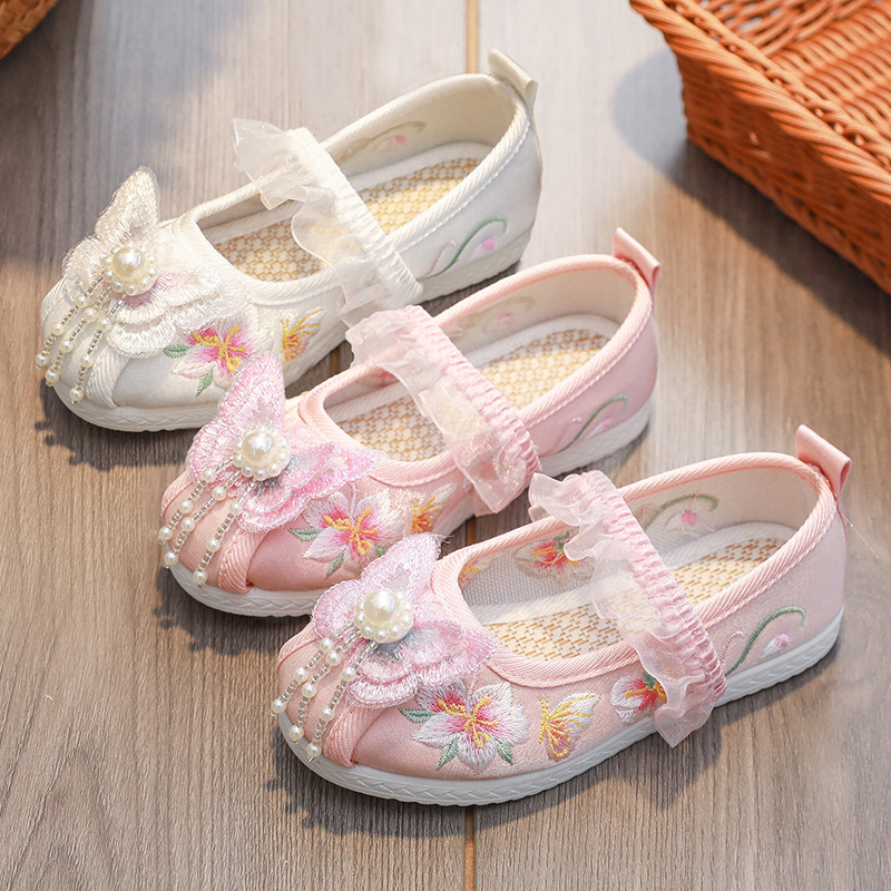 Pantofi pentru fete în stil chinezesc tradițional, pantofi din pânză brodate, partea superioară din bumbac, branț din in, talpă din cauciuc, închidere cu bandă elastică, primăvară-toamnă