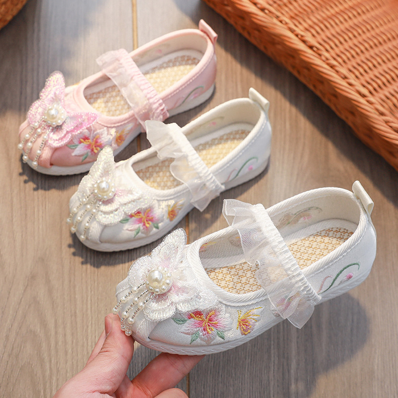 Pantofi pentru fete în stil chinezesc tradițional, pantofi din pânză brodate, partea superioară din bumbac, branț din in, talpă din cauciuc, închidere cu bandă elastică, primăvară-toamnă