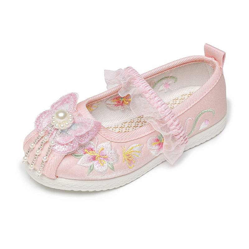 Pantofi pentru fete în stil chinezesc tradițional, pantofi din pânză brodate, partea superioară din bumbac, branț din in, talpă din cauciuc, închidere cu bandă elastică, primăvară-toamnă