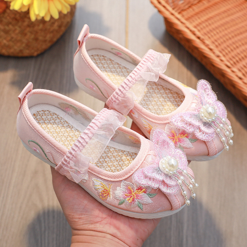 Pantofi pentru fete în stil chinezesc tradițional, pantofi din pânză brodate, partea superioară din bumbac, branț din in, talpă din cauciuc, închidere cu bandă elastică, primăvară-toamnă