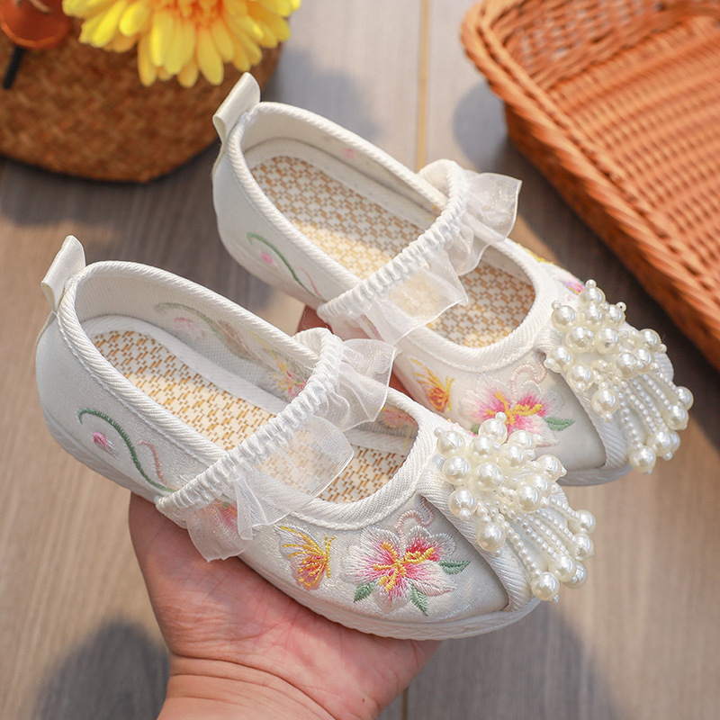 Pantofi pentru fete în stil chinezesc tradițional, pantofi din pânză brodate, partea superioară din bumbac, branț din in, talpă din cauciuc, închidere cu bandă elastică, primăvară-toamnă