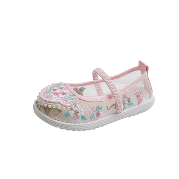 Pantofi pentru copii în stil tradițional chinezesc, cu broderie și partea superioară din plasă, bandă elastică – respirabili, ușori, talpă din cauciuc antiderapant