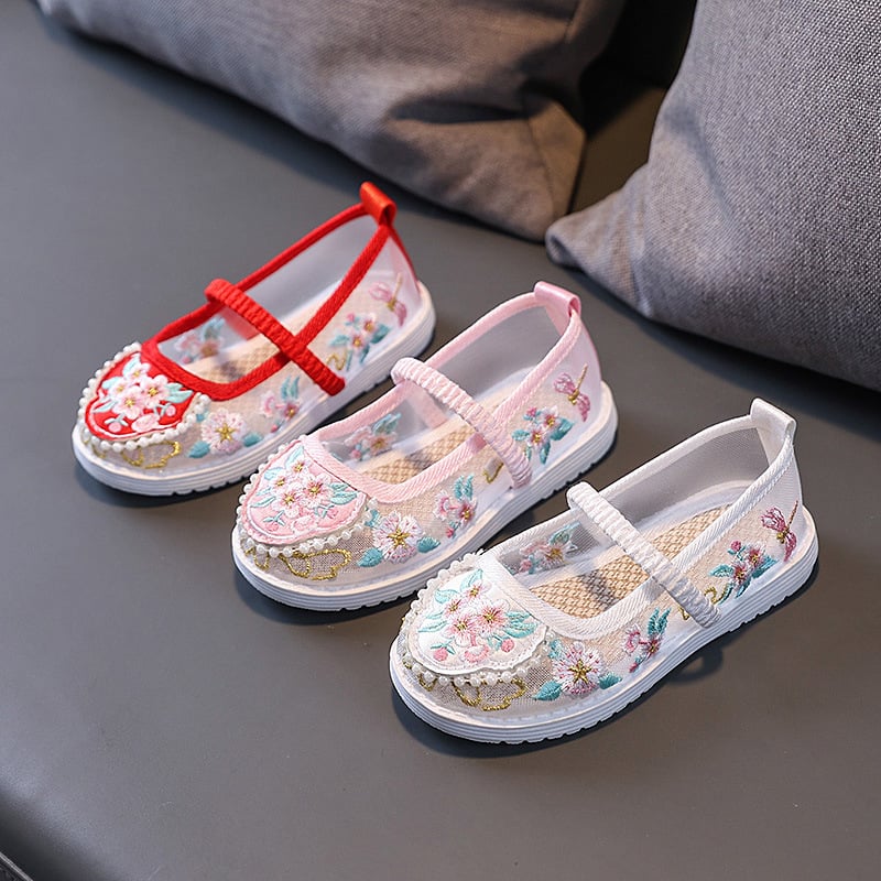 Pantofi pentru copii în stil tradițional chinezesc, cu broderie și partea superioară din plasă, bandă elastică – respirabili, ușori, talpă din cauciuc antiderapant
