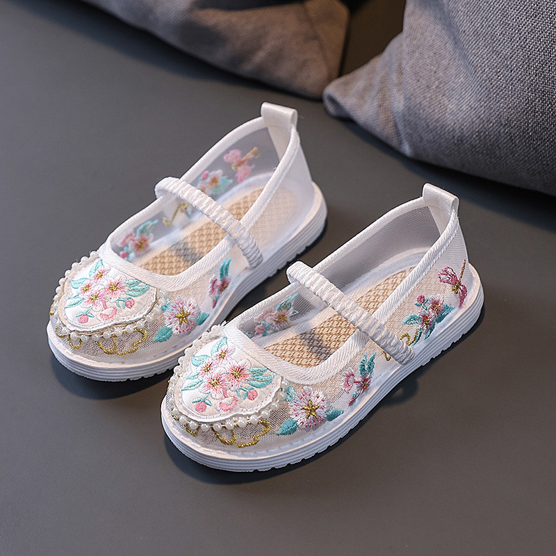 Pantofi pentru copii în stil tradițional chinezesc, cu broderie și partea superioară din plasă, bandă elastică – respirabili, ușori, talpă din cauciuc antiderapant