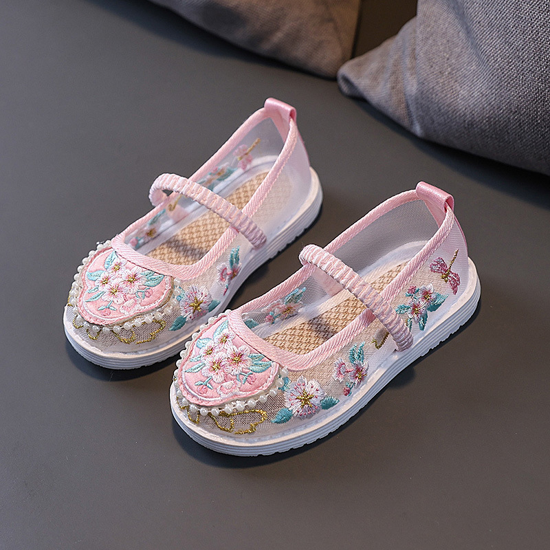 Pantofi pentru copii în stil tradițional chinezesc, cu broderie și partea superioară din plasă, bandă elastică – respirabili, ușori, talpă din cauciuc antiderapant