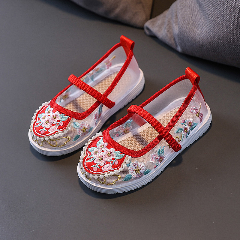 Pantofi pentru copii în stil tradițional chinezesc, cu broderie și partea superioară din plasă, bandă elastică – respirabili, ușori, talpă din cauciuc antiderapant