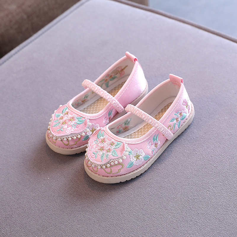 Pantofi pentru copii în stil tradițional chinezesc, cu broderie și partea superioară din plasă, bandă elastică – respirabili, ușori, talpă din cauciuc antiderapant