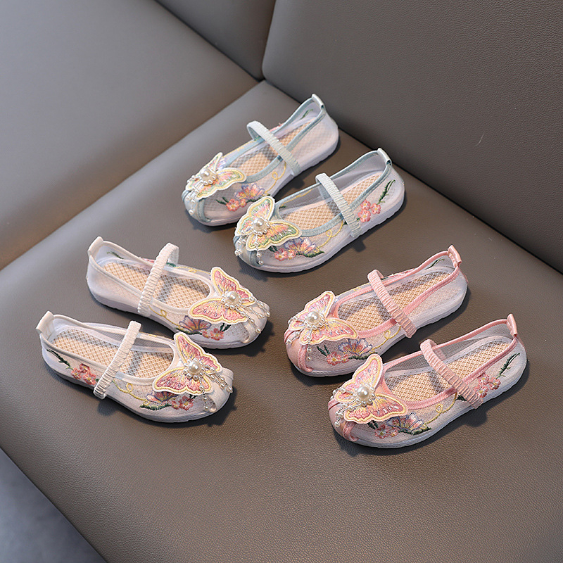 Pantofi pentru fete în stil chinezesc - Stil etnic, partea superioară brodată din material textil, bandă elastică (căptușeală din țesătură; vamp din bumbac; talpă din cauciuc)