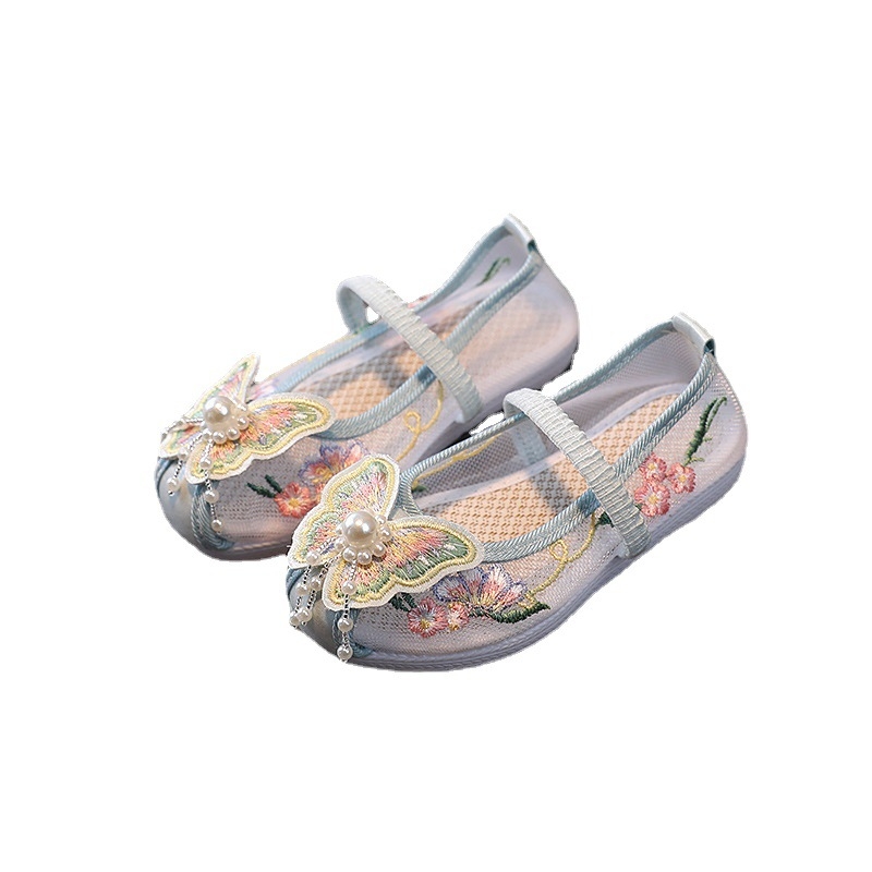 Pantofi pentru fete în stil chinezesc - Stil etnic, partea superioară brodată din material textil, bandă elastică (căptușeală din țesătură; vamp din bumbac; talpă din cauciuc)