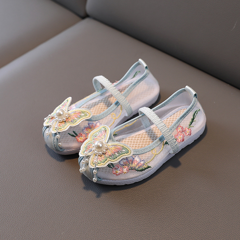 Pantofi pentru fete în stil chinezesc - Stil etnic, partea superioară brodată din material textil, bandă elastică (căptușeală din țesătură; vamp din bumbac; talpă din cauciuc)