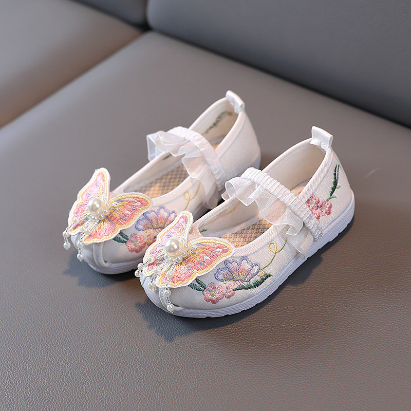 Pantofi pentru fete în stil chinezesc - Stil etnic, partea superioară brodată din material textil, bandă elastică (căptușeală din țesătură; vamp din bumbac; talpă din cauciuc)
