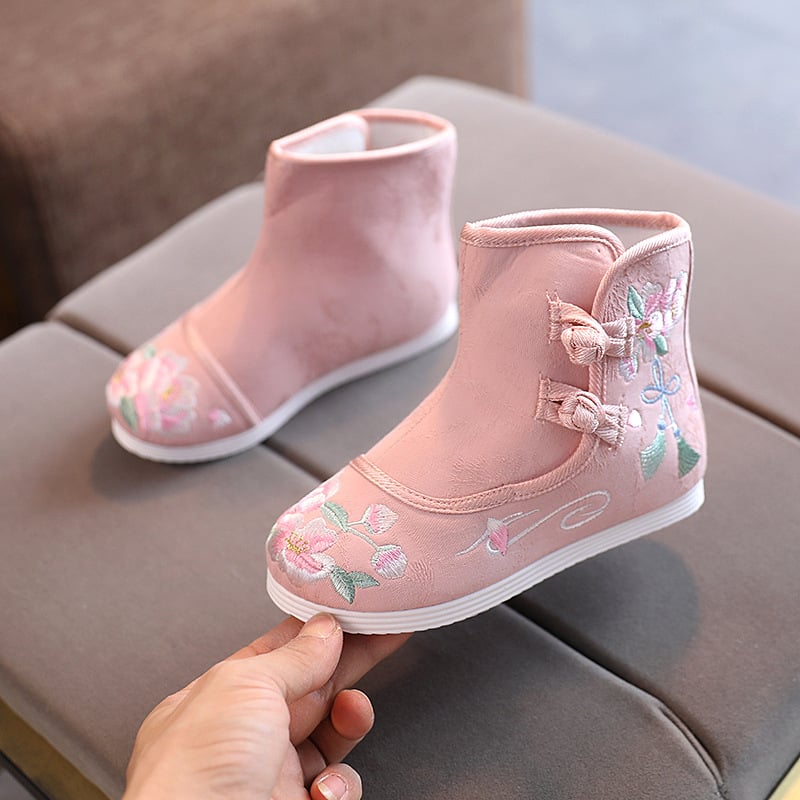 Lányok Hanfu cipő fleece-béléssel, hímzett, kínai stílusú csizmák jelmeztáncra