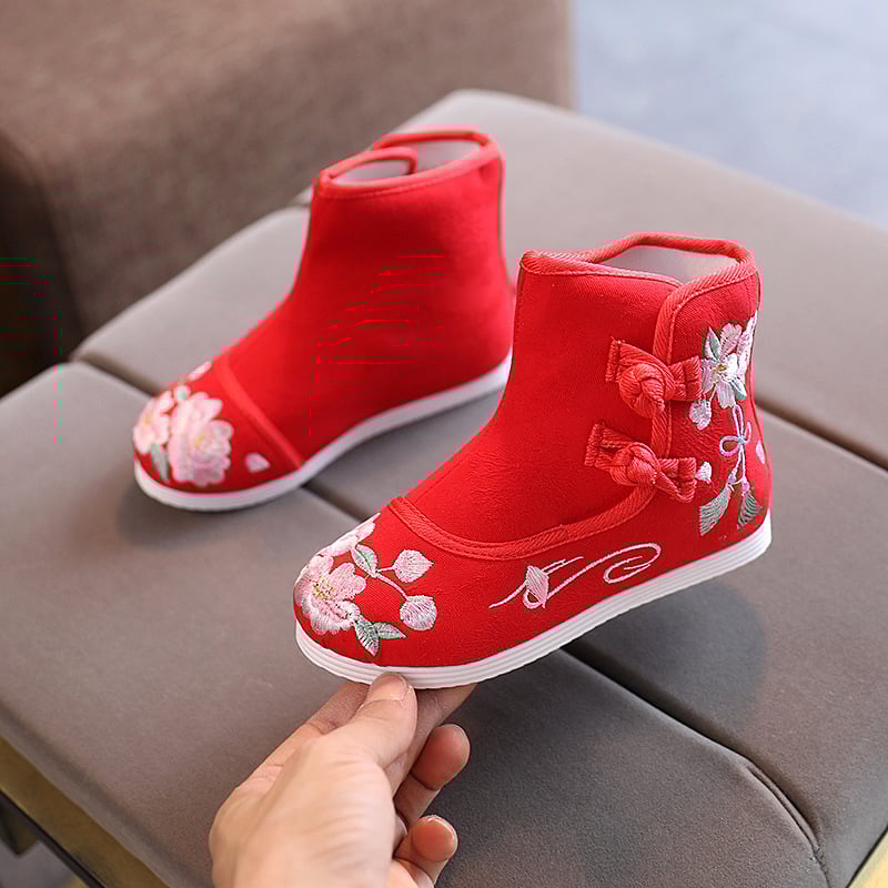 Lányok Hanfu cipő fleece-béléssel, hímzett, kínai stílusú csizmák jelmeztáncra