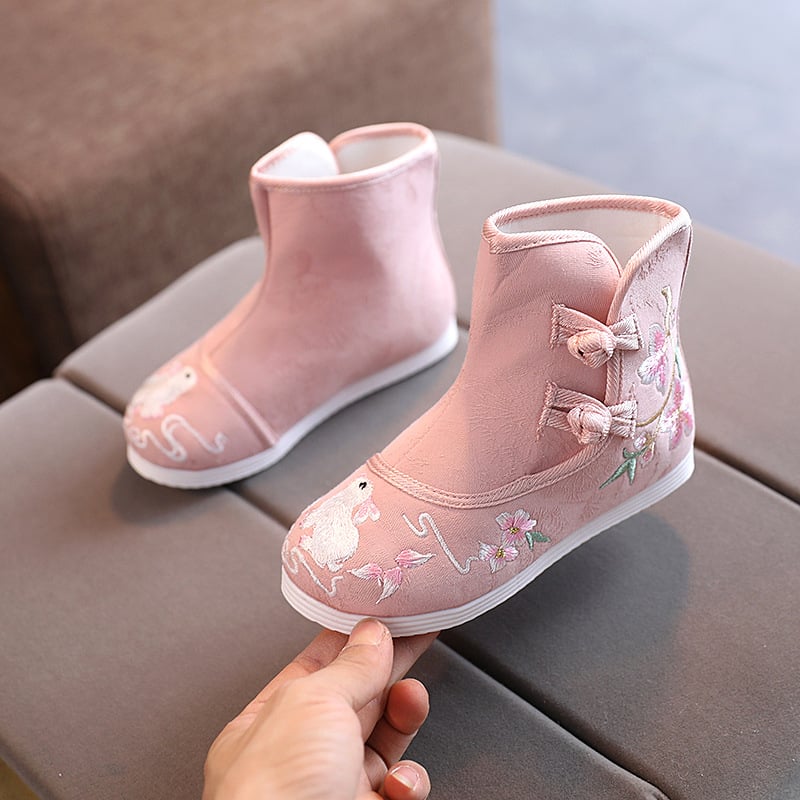 Lányok Hanfu cipő fleece-béléssel, hímzett, kínai stílusú csizmák jelmeztáncra