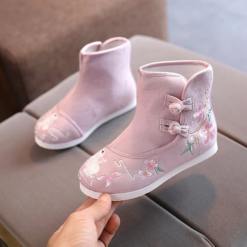 Lányok Hanfu cipő fleece-béléssel, hímzett, kínai stílusú csizmák jelmeztáncra