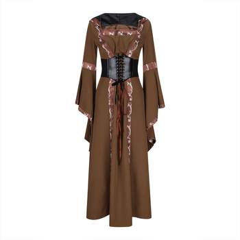 Haljina s kvadratnim izrezom na dekoltu, rukavi zvonastog kroja, duga haljina, elastični pojas i široka suknja; etno-retro stil.