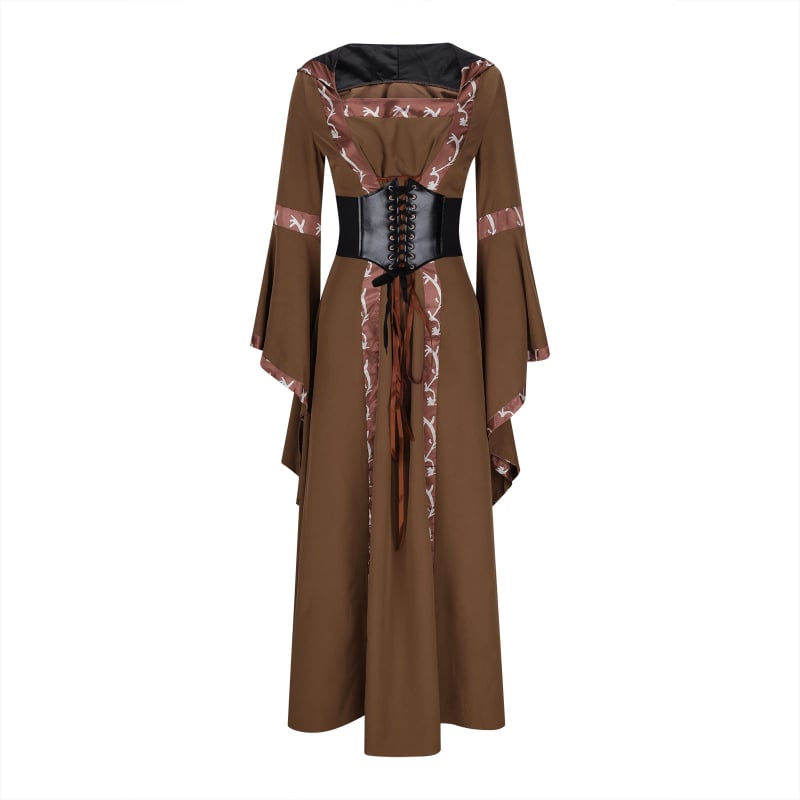 Haljina s kvadratnim izrezom na dekoltu, rukavi zvonastog kroja, duga haljina, elastični pojas i široka suknja; etno-retro stil.