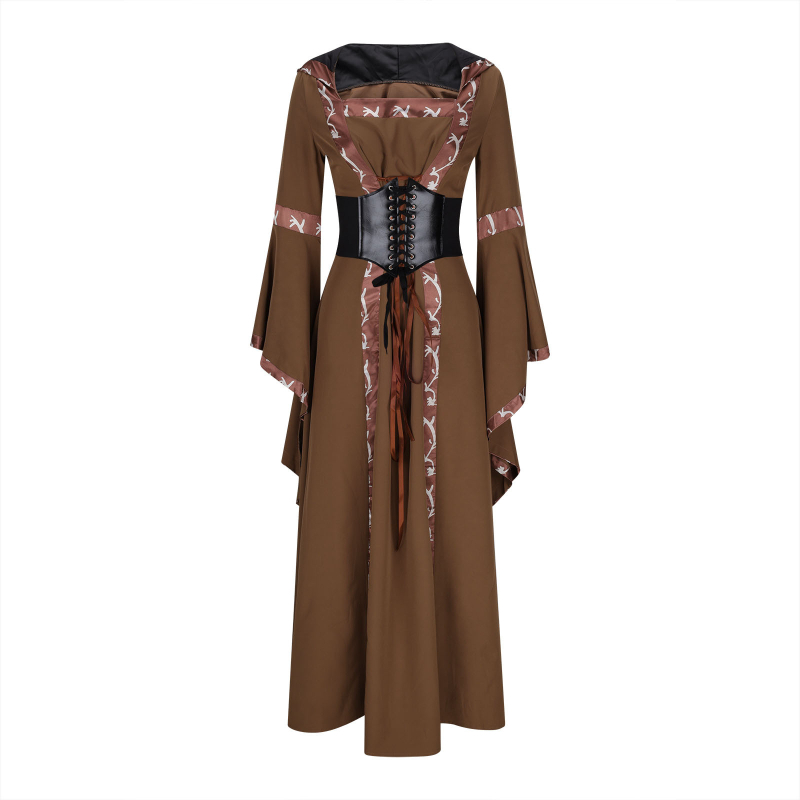 Haljina s kvadratnim izrezom na dekoltu, rukavi zvonastog kroja, duga haljina, elastični pojas i široka suknja; etno-retro stil.