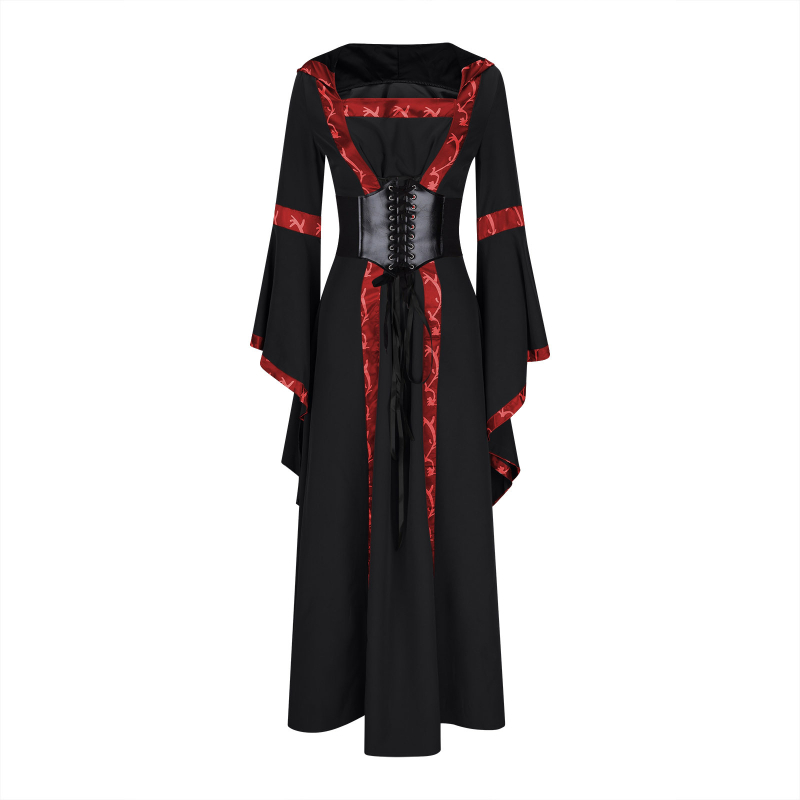 Haljina s kvadratnim izrezom na dekoltu, rukavi zvonastog kroja, duga haljina, elastični pojas i široka suknja; etno-retro stil.