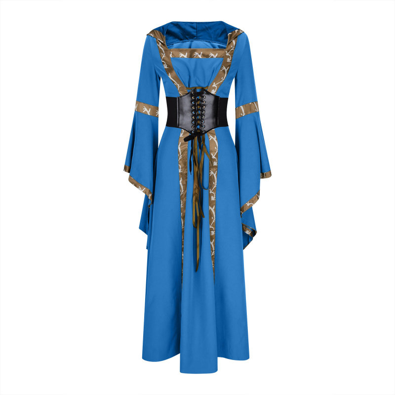 Haljina s kvadratnim izrezom na dekoltu, rukavi zvonastog kroja, duga haljina, elastični pojas i široka suknja; etno-retro stil.