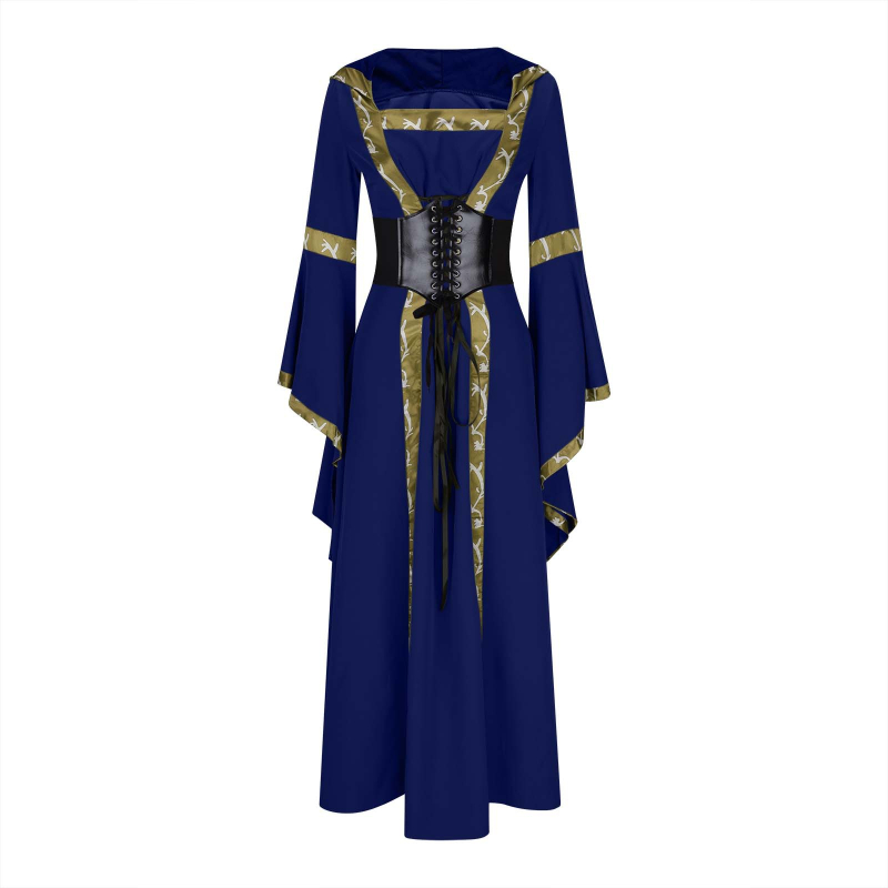 Haljina s kvadratnim izrezom na dekoltu, rukavi zvonastog kroja, duga haljina, elastični pojas i široka suknja; etno-retro stil.