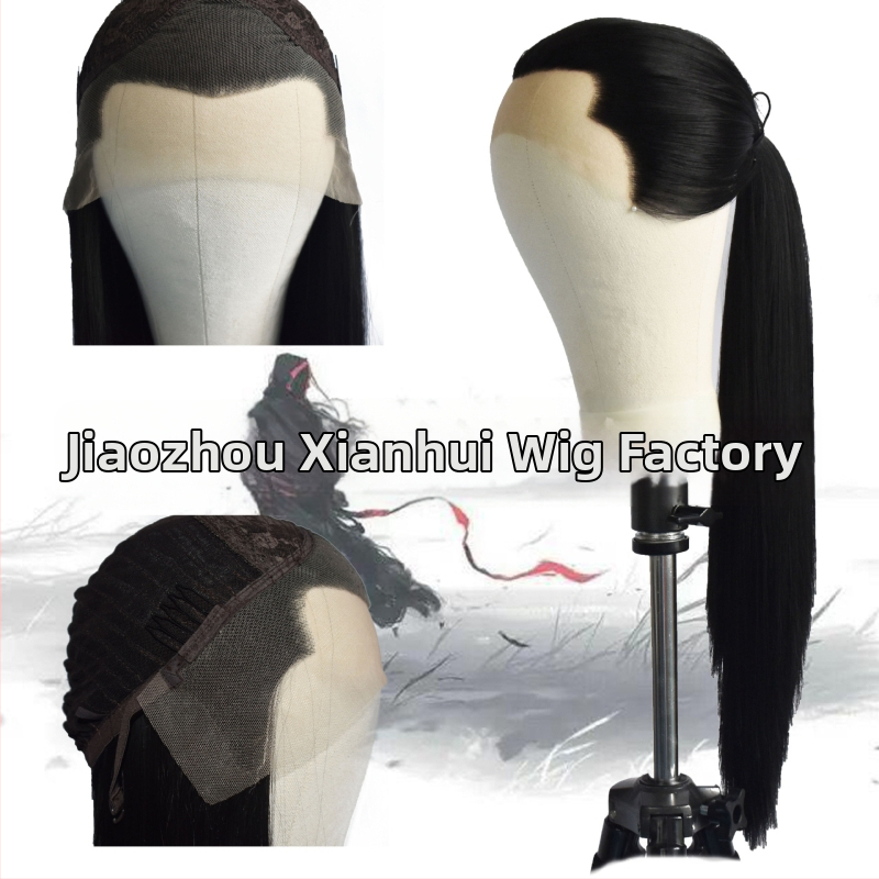 COS paróka férfiaknak, ősi kosztümhöz, hosszú egyenes haj, elülső csipke, elöl kézzel kötött kivitel