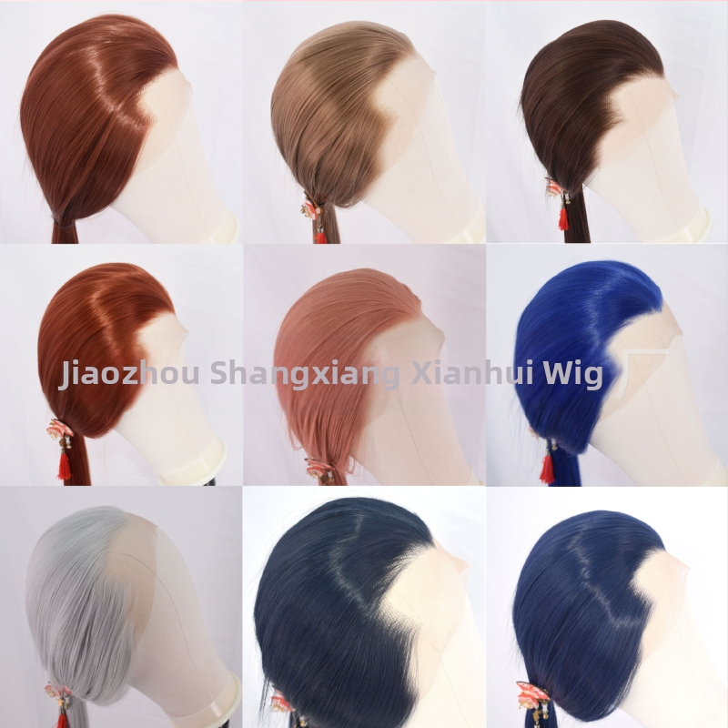 COS paróka férfiaknak, ősi kosztümhöz, hosszú egyenes haj, elülső csipke, elöl kézzel kötött kivitel