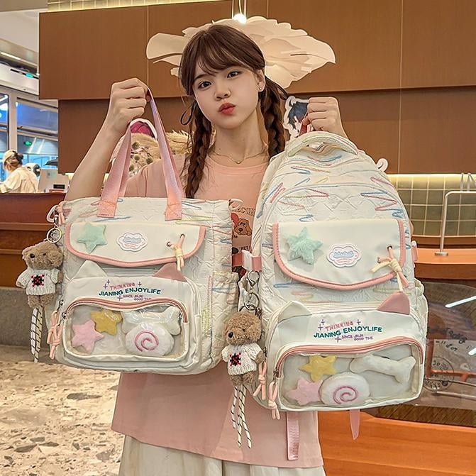 Rucsac pentru școală – exterior din nailon, impermeabil, stil proaspăt și drăguț, bretele curbate, căptușeală din poliester