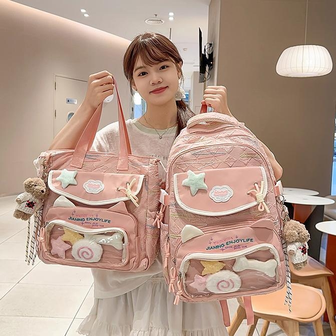 Rucsac pentru școală – exterior din nailon, impermeabil, stil proaspăt și drăguț, bretele curbate, căptușeală din poliester