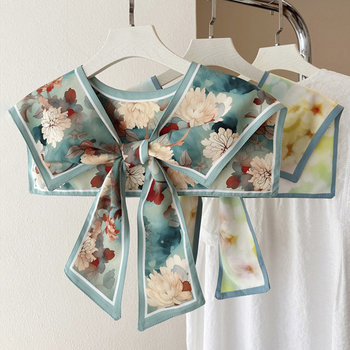 Женски шал с имитационна яка – изкуствена коприна, флорален принт, плоско тъкане, сатенен финиш, декоративно украшение