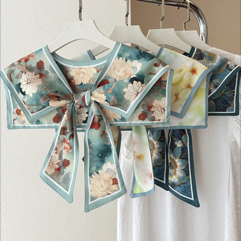 Женски шал с имитационна яка – изкуствена коприна, флорален принт, плоско тъкане, сатенен финиш, декоративно украшение