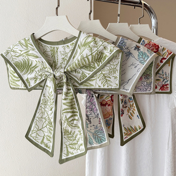 Женски шал с имитационна яка – изкуствена коприна, флорален принт, плоско тъкане, сатенен финиш, декоративно украшение