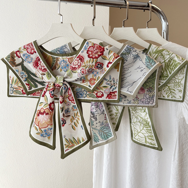 Женски шал с имитационна яка – изкуствена коприна, флорален принт, плоско тъкане, сатенен финиш, декоративно украшение