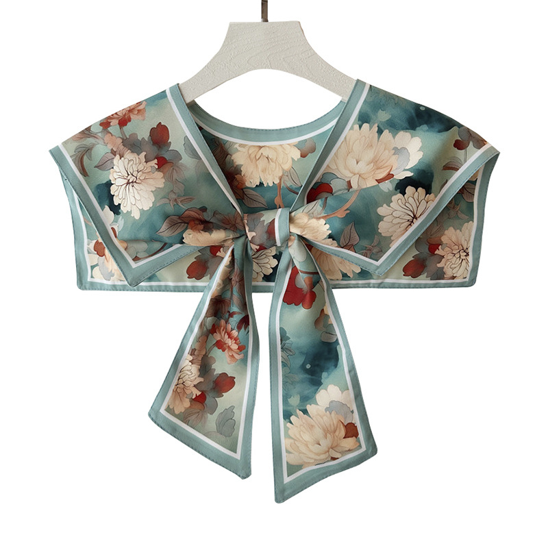 Женски шал с имитационна яка – изкуствена коприна, флорален принт, плоско тъкане, сатенен финиш, декоративно украшение