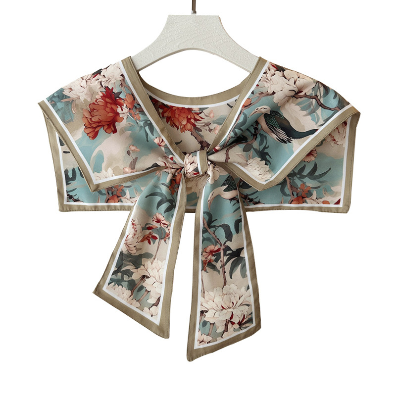 Женски шал с имитационна яка – изкуствена коприна, флорален принт, плоско тъкане, сатенен финиш, декоративно украшение