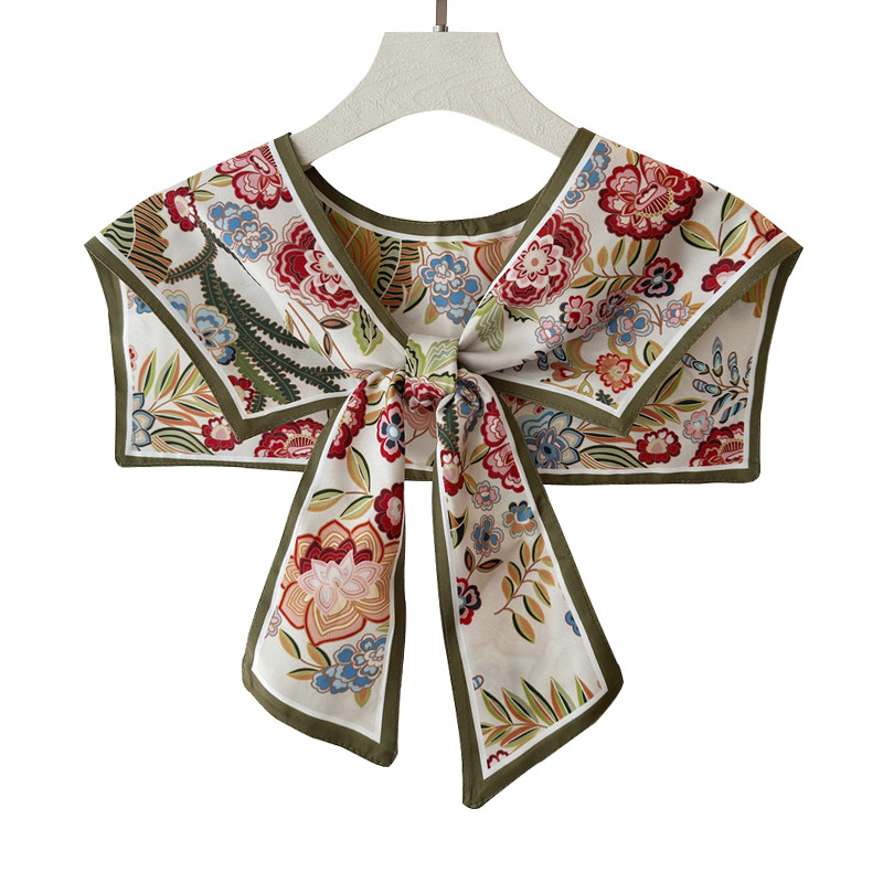 Женски шал с имитационна яка – изкуствена коприна, флорален принт, плоско тъкане, сатенен финиш, декоративно украшение