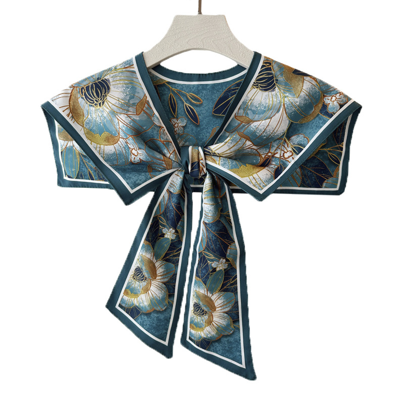 Женски шал с имитационна яка – изкуствена коприна, флорален принт, плоско тъкане, сатенен финиш, декоративно украшение