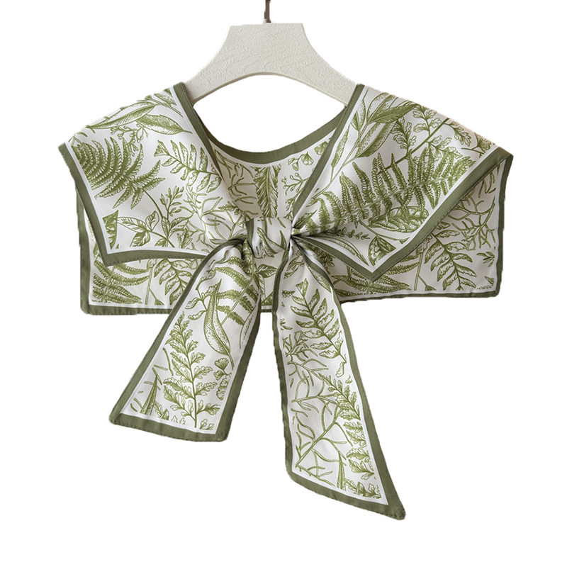 Женски шал с имитационна яка – изкуствена коприна, флорален принт, плоско тъкане, сатенен финиш, декоративно украшение